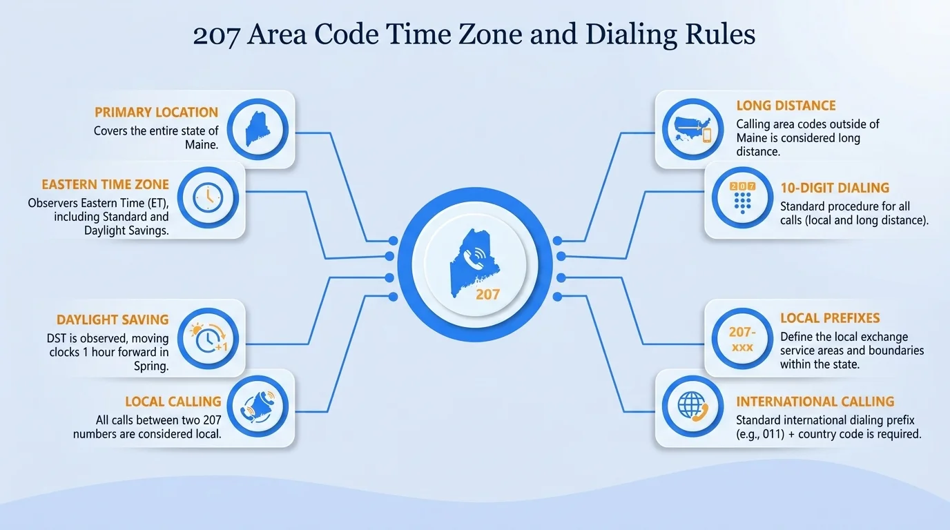 207 area code Eastern Time Zone map with dialing format (207) XXX-XXXX