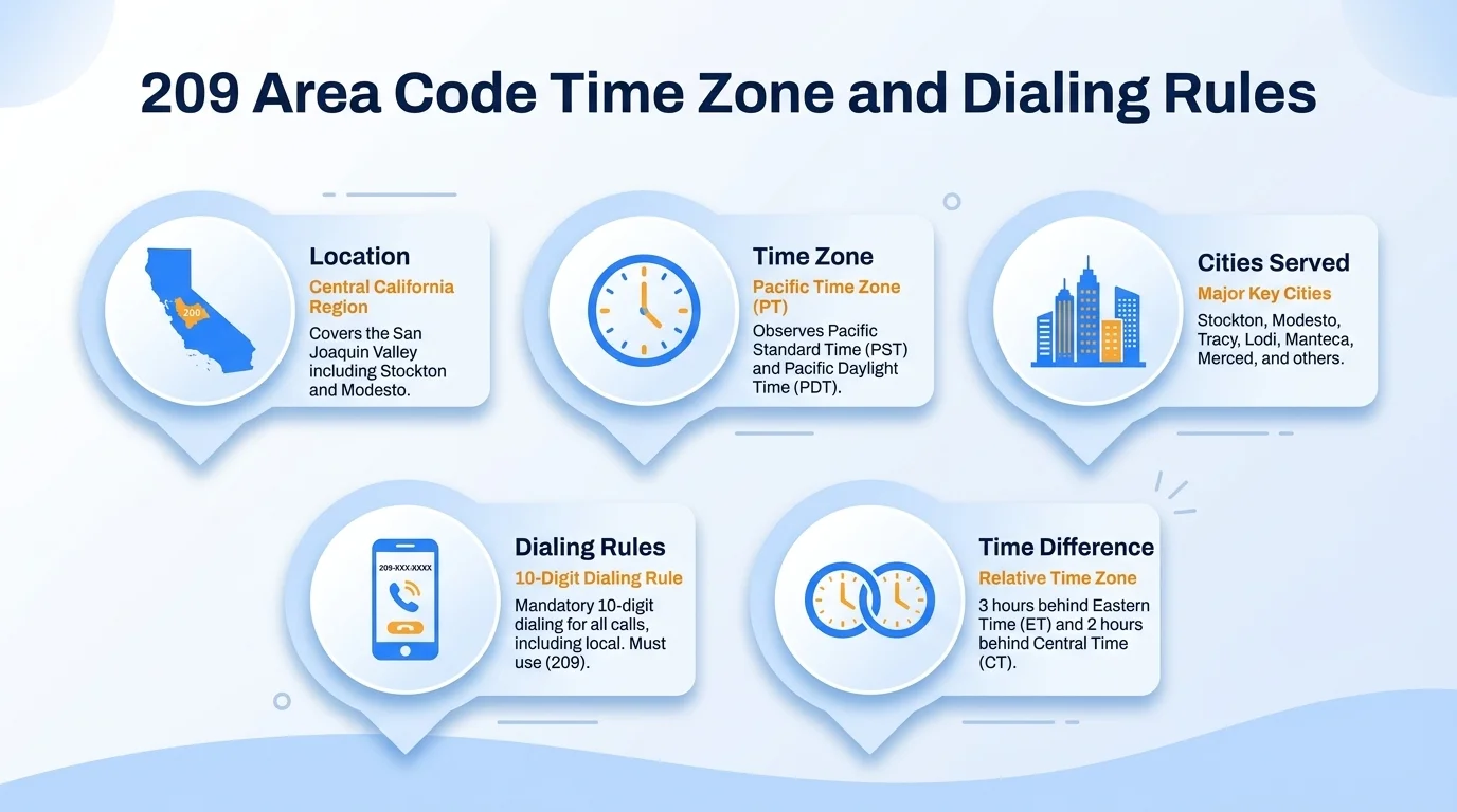 209 area code Pacific Time Zone map with 10-digit dialing format (209) XXX-XXXX