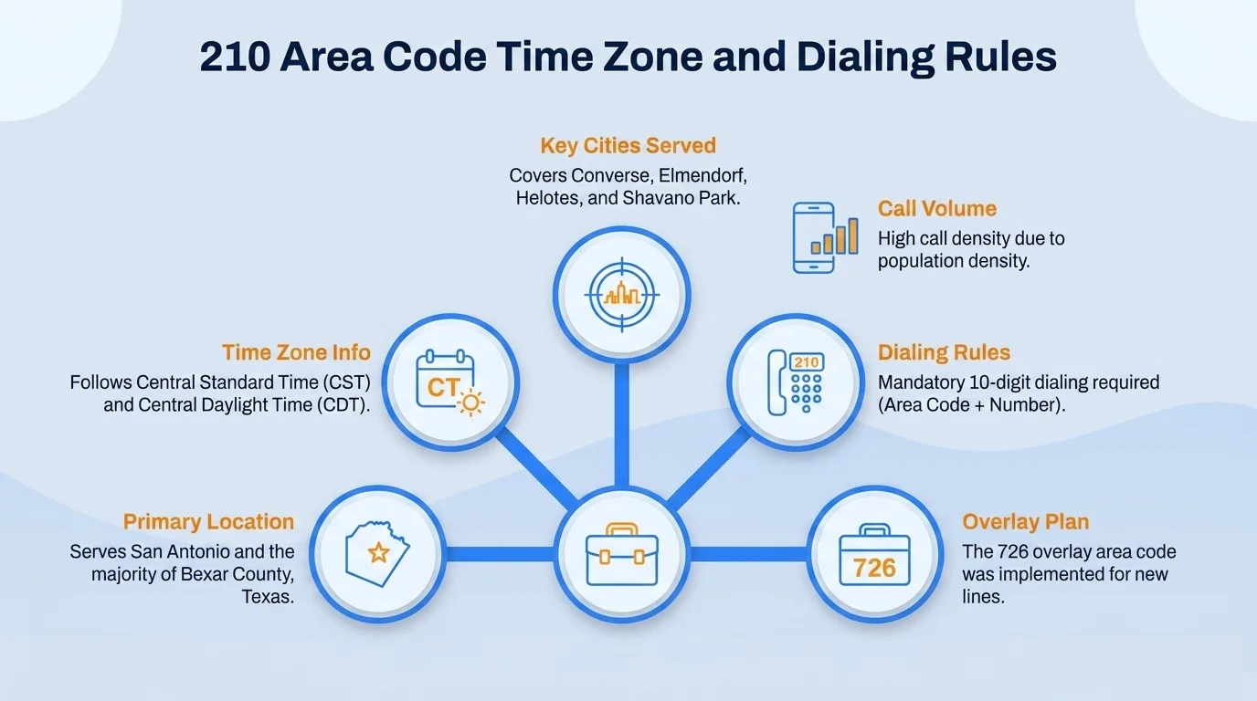 210 area code Central Time Zone map with 10-digit dialing format (210) XXX-XXXX