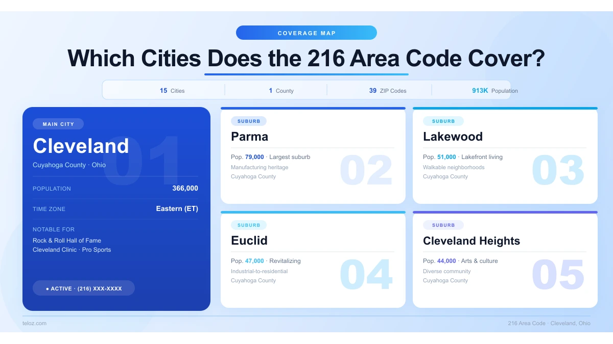 Which cities does the 216 area code cover — Cleveland Ohio population by city