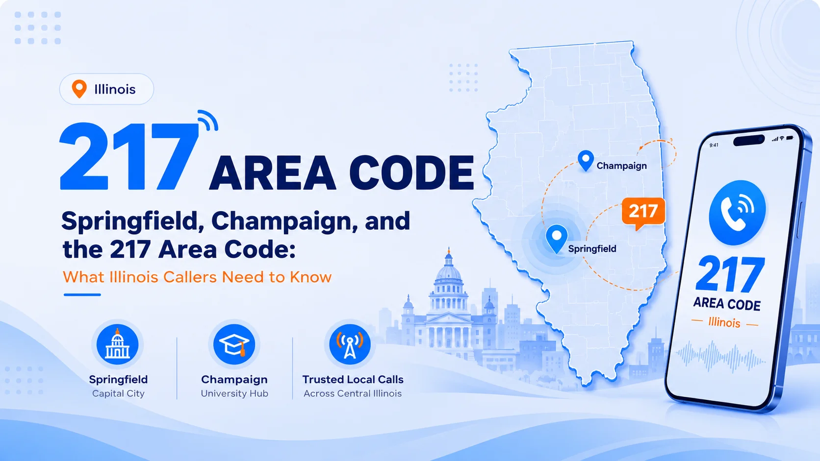 217 area code map showing Springfield, Champaign, and Decatur in Central Illinois