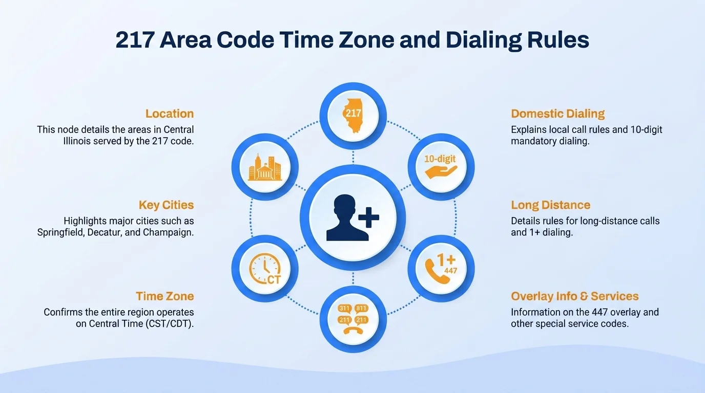 217 area code Central Time Zone map with 10-digit dialing format (217) XXX-XXXX