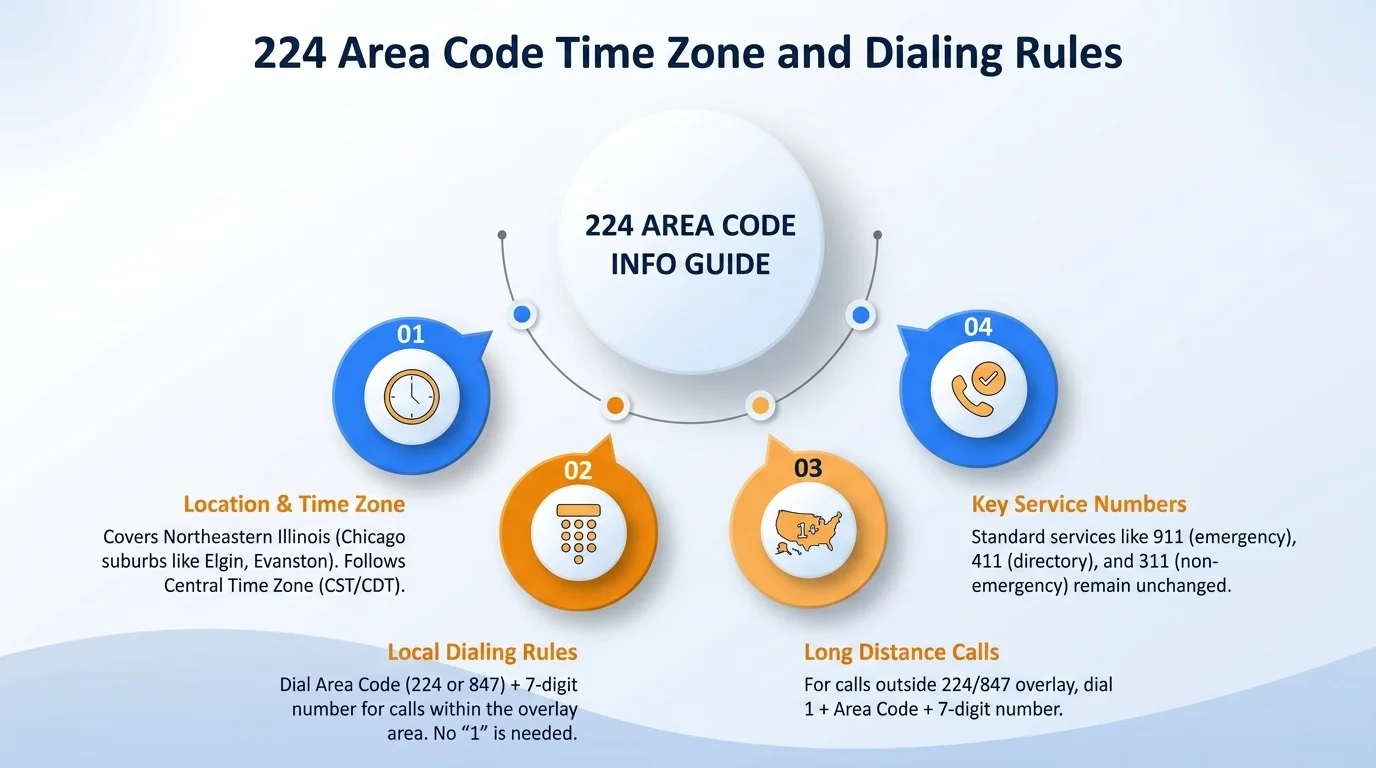 224 area code Central Time Zone map with 10-digit dialing format (224) XXX-XXXX