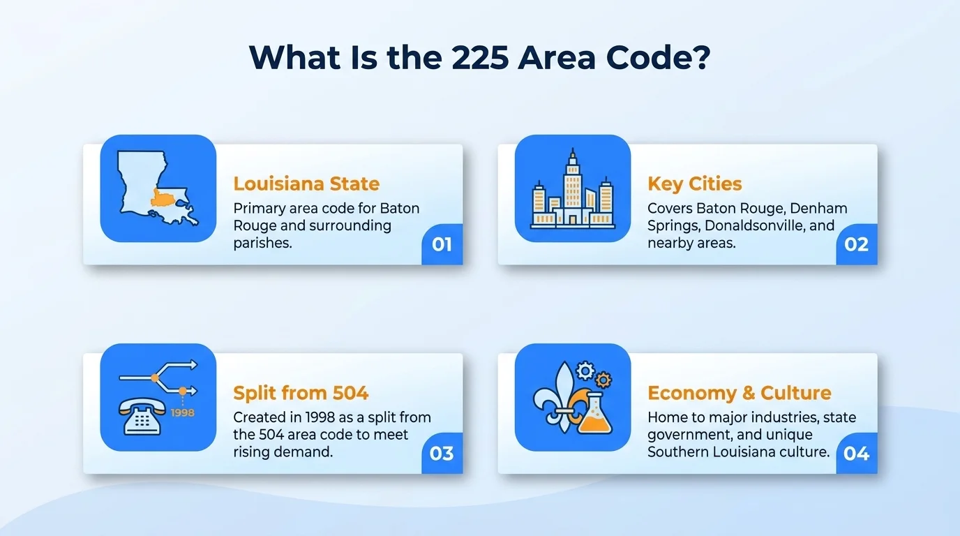 225 area code history — a 1998 geographic split from area code 504