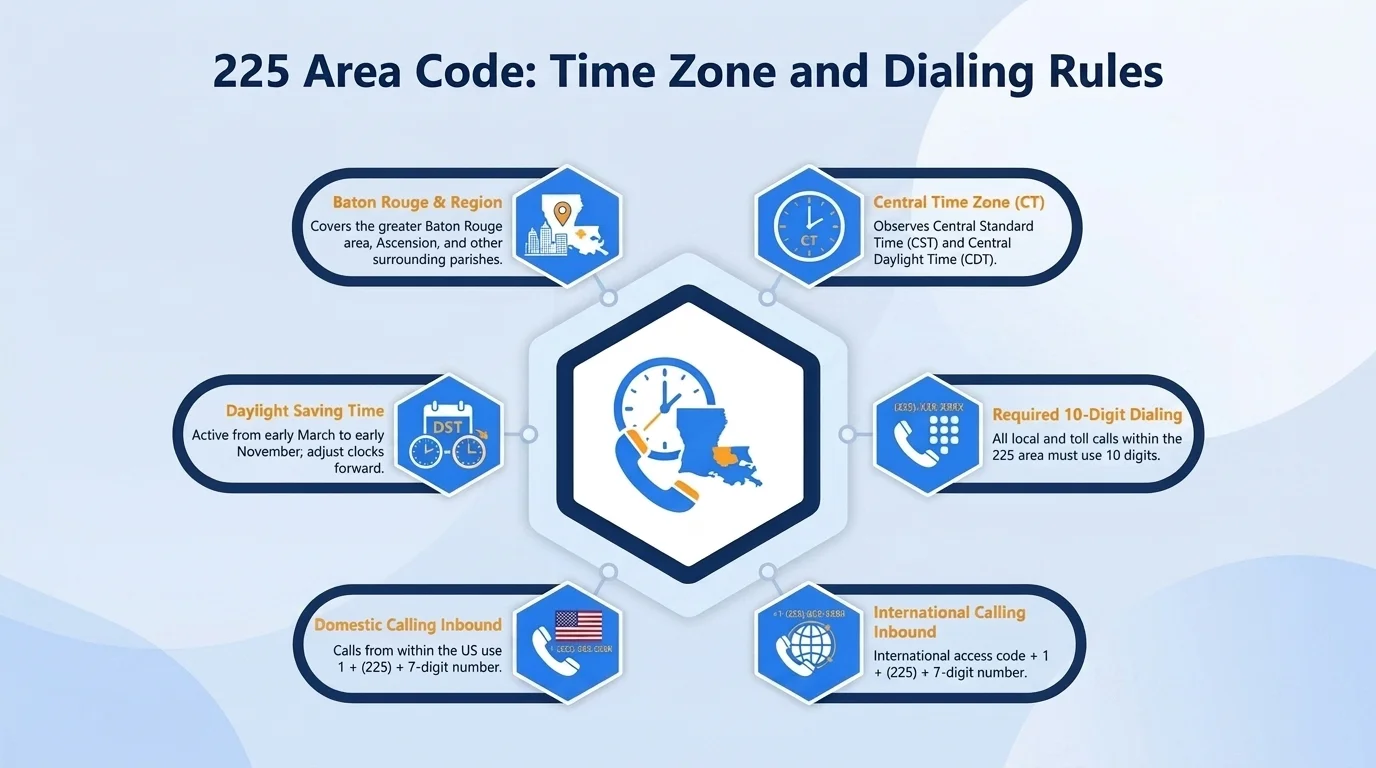 225 area code Central Time Zone map with 10-digit dialing format (225) XXX-XXXX