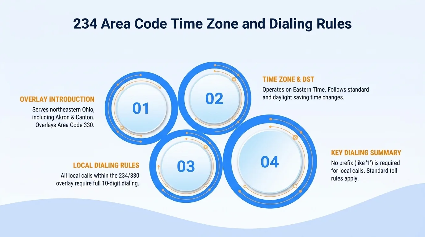 234 area code Eastern Time Zone map with 10-digit dialing format (234) XXX-XXXX