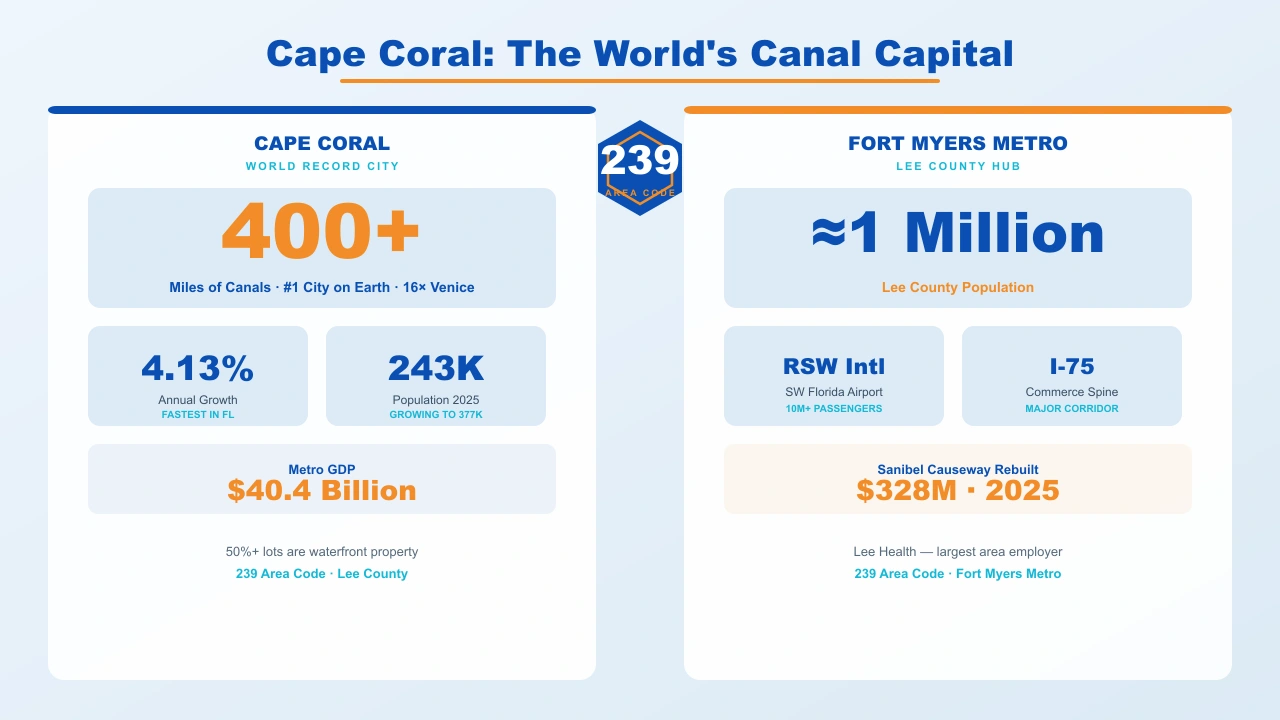 Cape Coral Florida 400 miles of navigable canals in the 239 area code more than any other city in the world