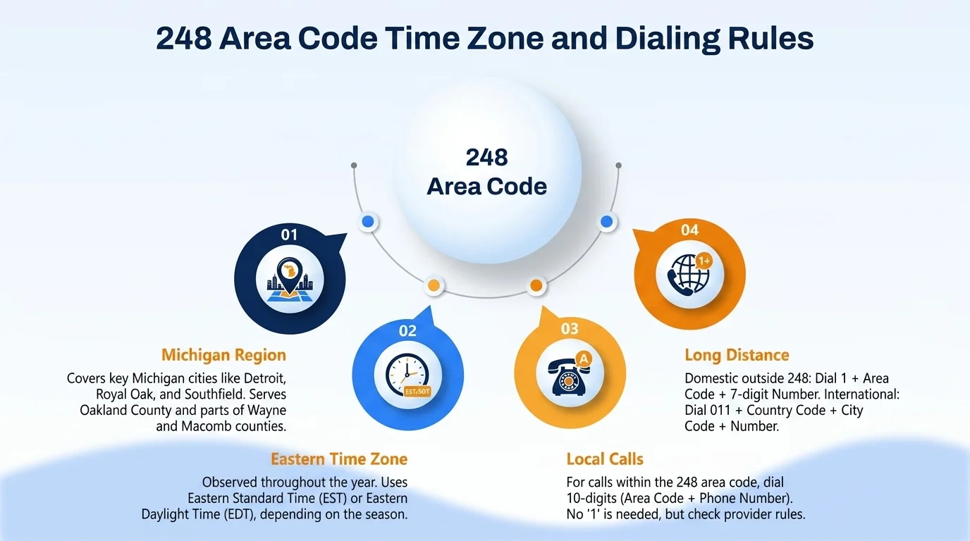 248 area code Eastern Time Zone map with 10-digit dialing format (248) XXX-XXXX