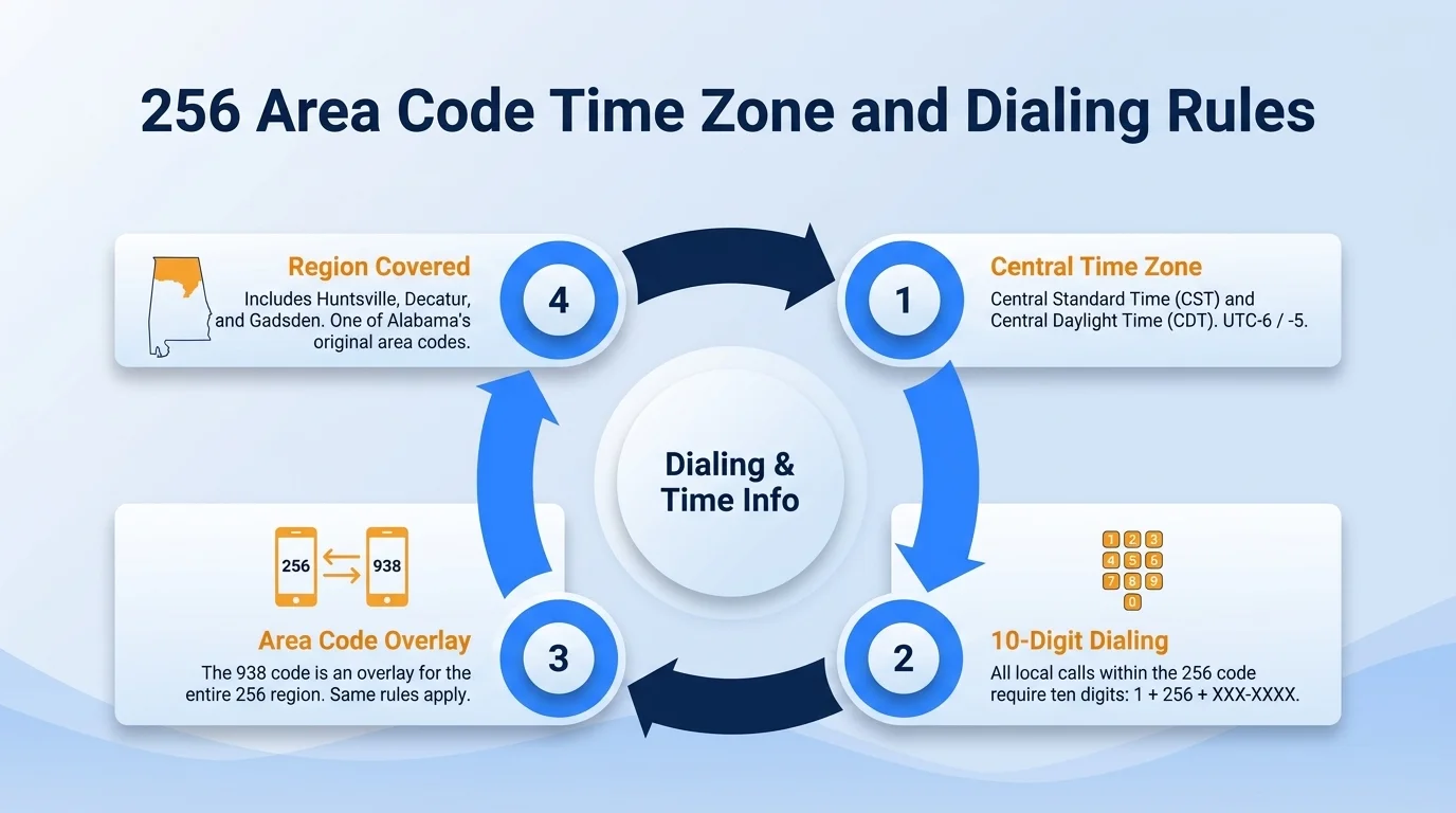 256 area code Central Time Zone map with 10-digit dialing format (256) XXX-XXXX