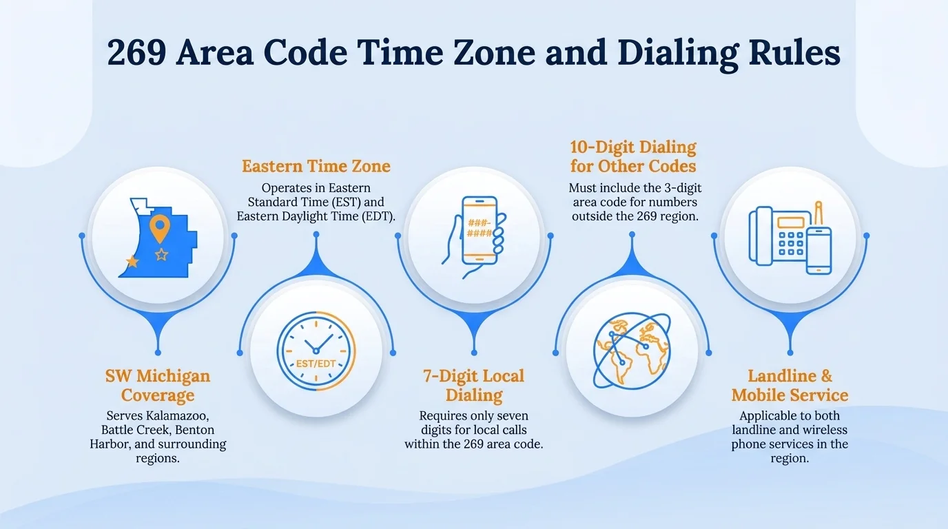 269 area code Eastern Time Zone map with 10-digit dialing format (269) XXX-XXXX