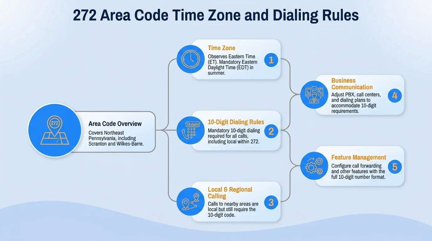 272 area code Eastern Time Zone map with 10-digit dialing format (272) XXX-XXXX
