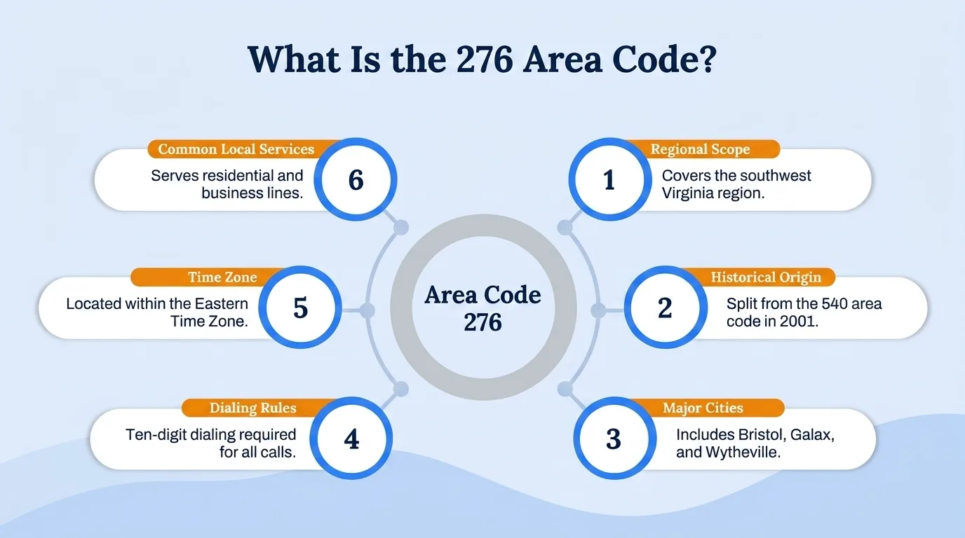 What is the 276 area code — regional scope, historical origin, major cities, dialing rules, time zone, and common local services
