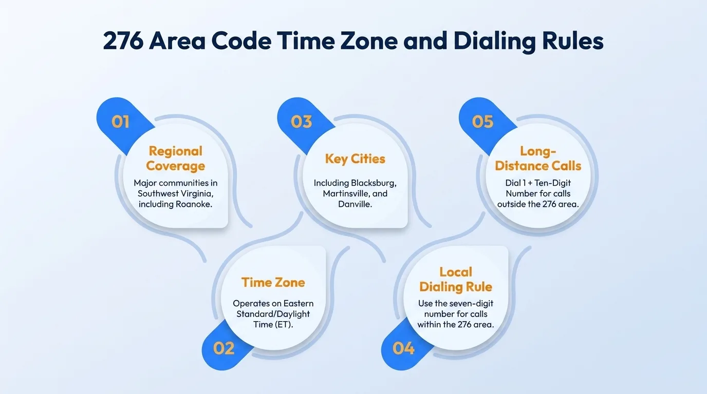 276 area code time zone and dialing rules — regional coverage, Eastern time, local seven-digit dialing, and ten-digit dialing for long-distance calls