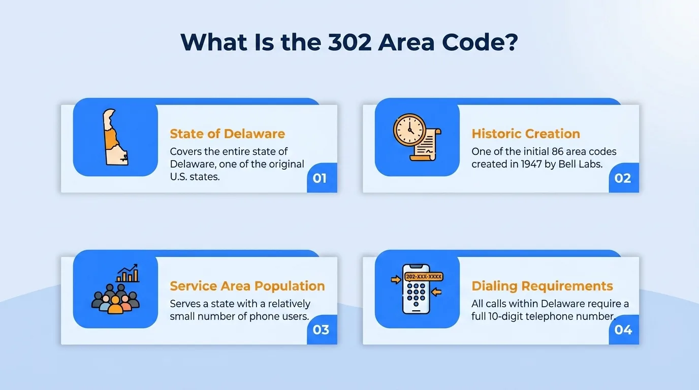 What is the 302 area code — covers the state of Delaware, historic 1947 creation, service area population, and 10-digit dialing requirements