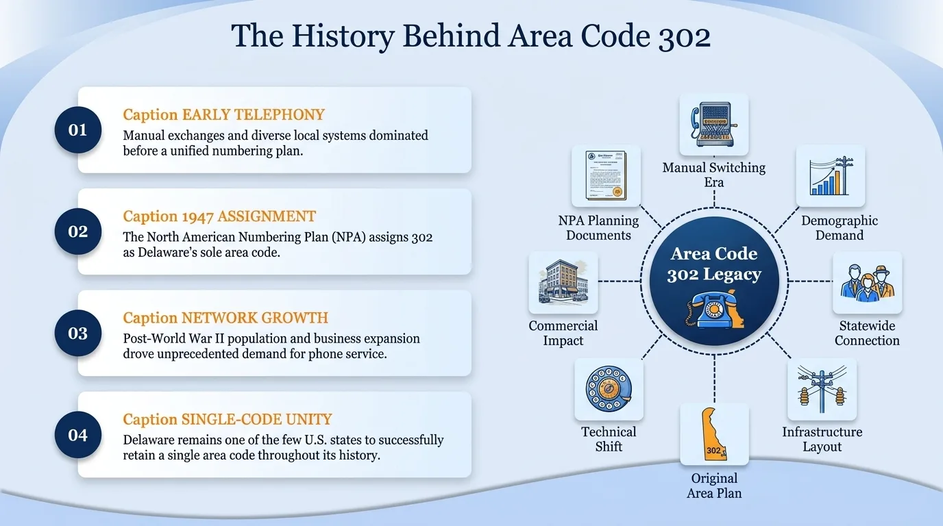The history behind area code 302 — early telephony, the 1947 assignment, post-war network growth, and Delaware's single-code unity
