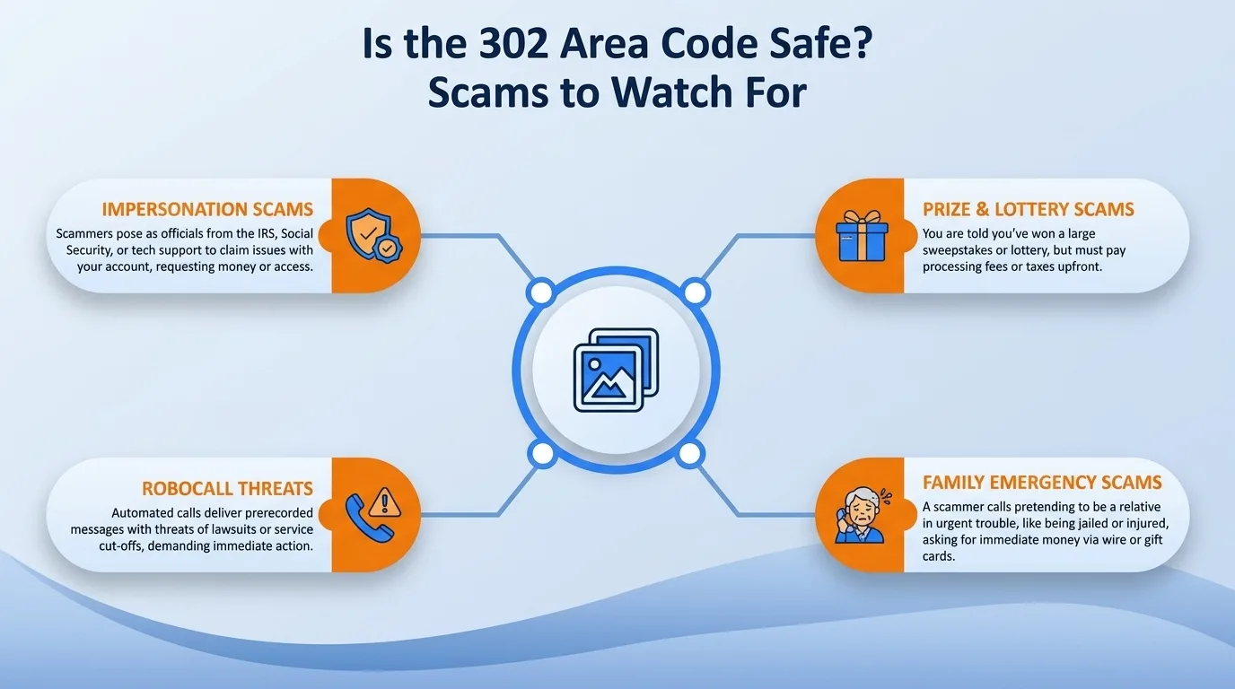 Is the 302 area code safe — impersonation scams, prize and lottery scams, robocall threats, and family emergency scams to watch for