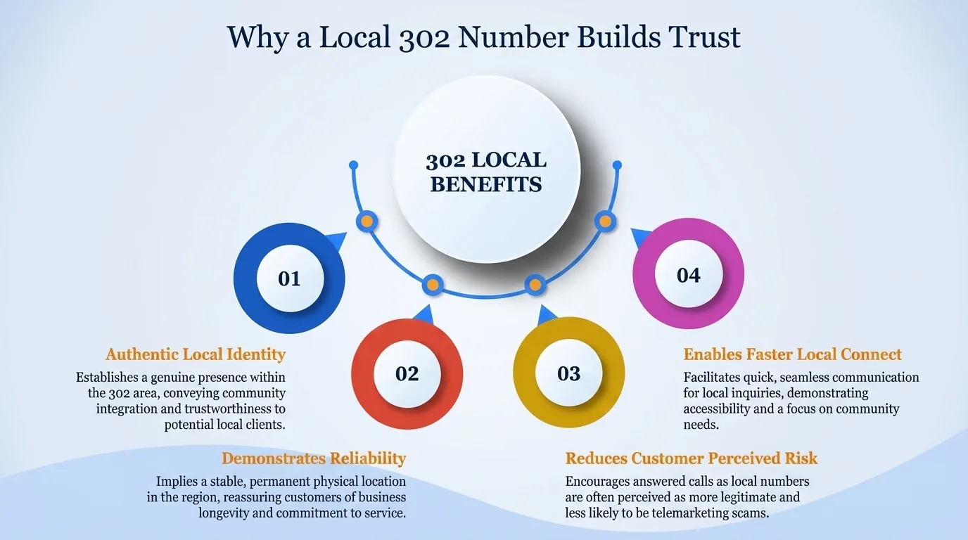 Why a local 302 number builds trust — authentic local identity, demonstrates reliability, faster local connections, and reduced customer perceived risk