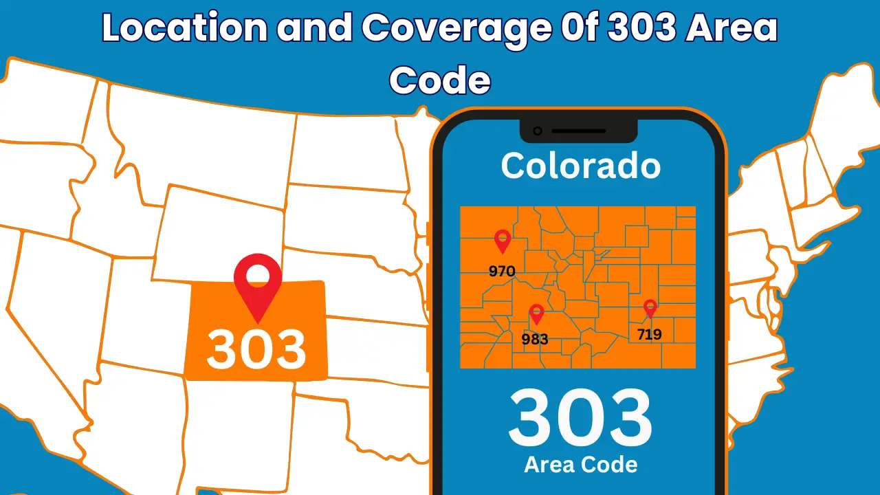 Location and Coverage of 303 Area Code — Colorado map showing 303, 720, 970, 719 and 983 area codes