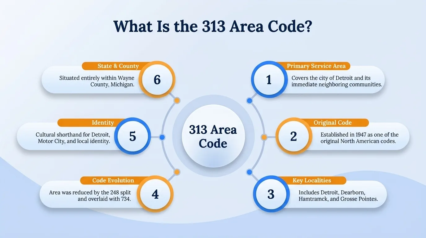 What is the 313 area code — primary service area, original code, key localities, code evolution, identity, and state and county