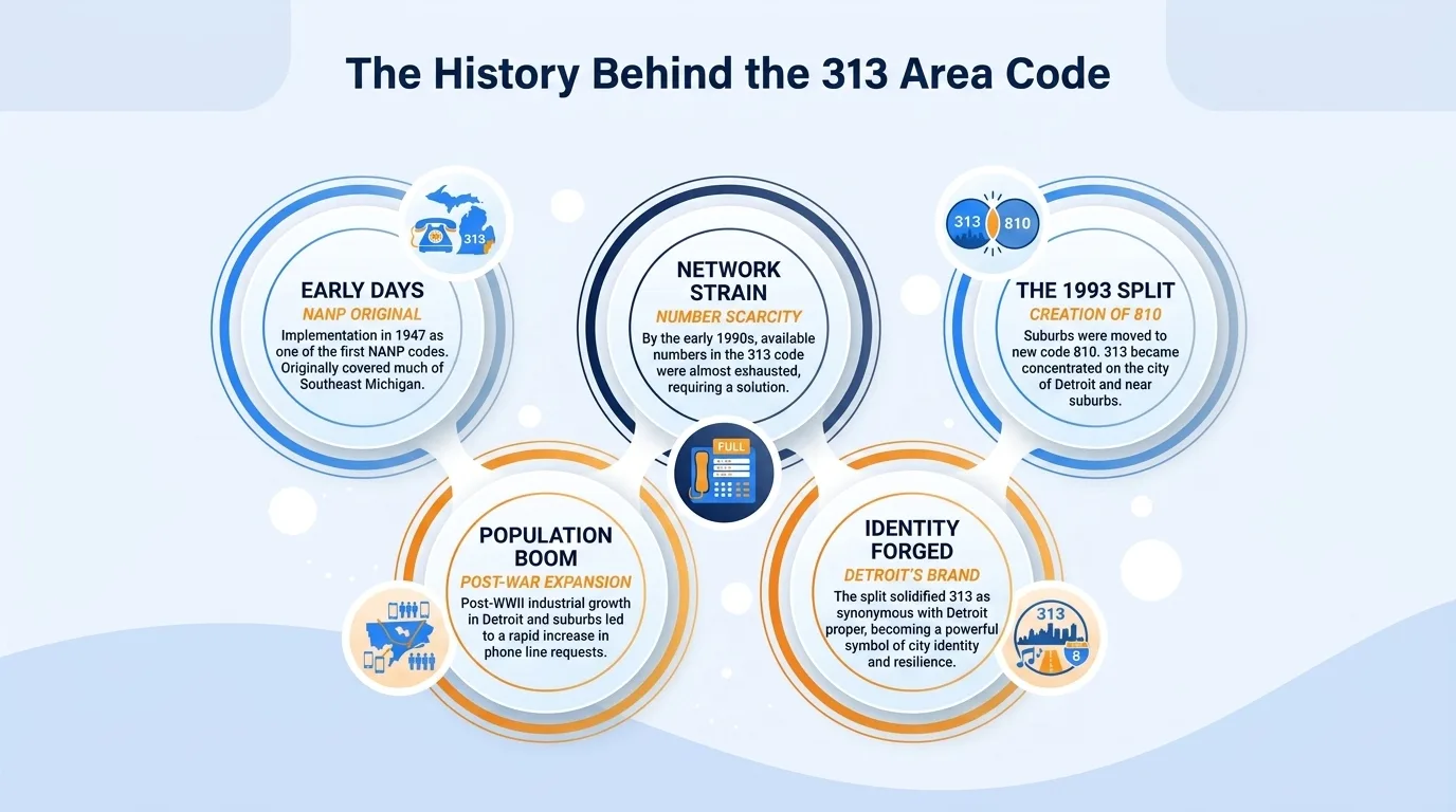 The history behind the 313 area code — 1947 NANP origins, postwar population boom, number scarcity, the 1993 split creating 810, and Detroit's forged identity