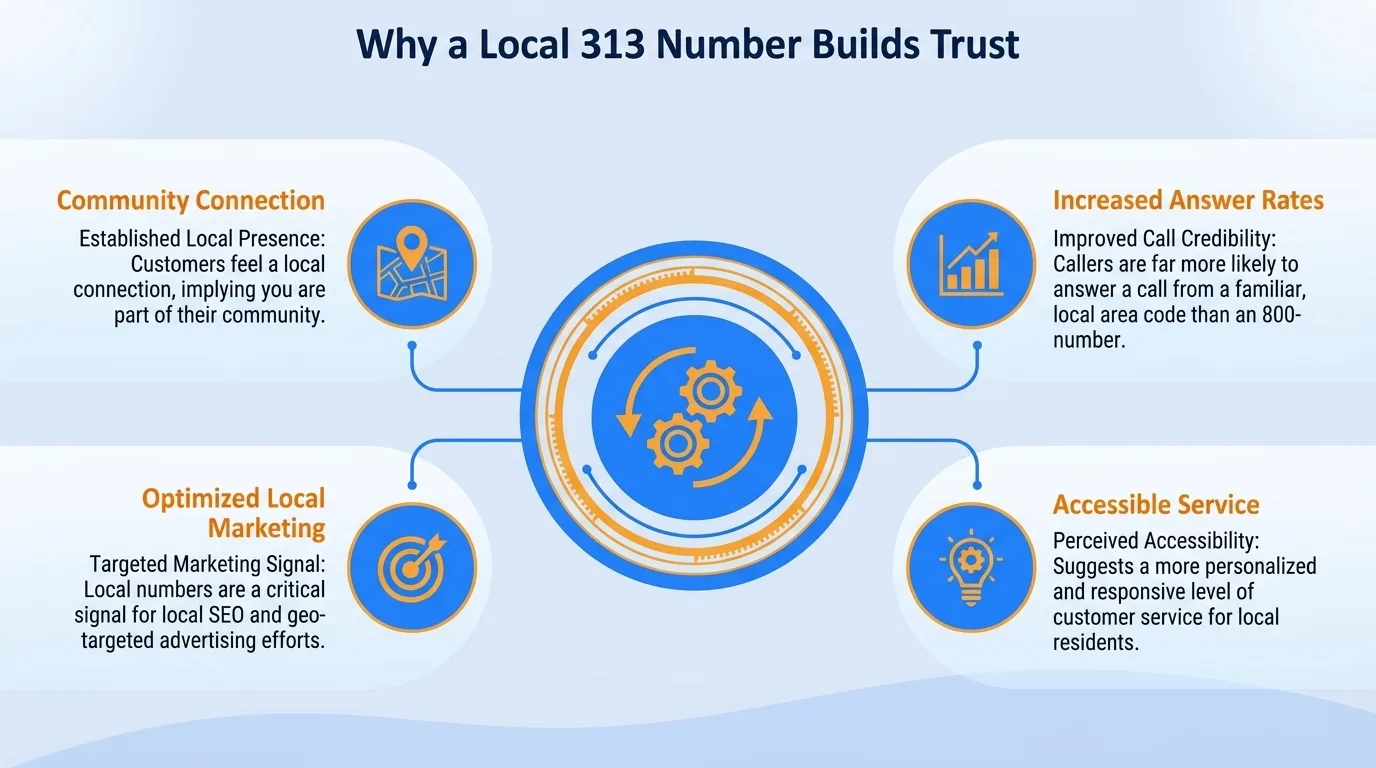 Why a local 313 number builds trust — community connection, increased answer rates, optimized local marketing, and accessible service