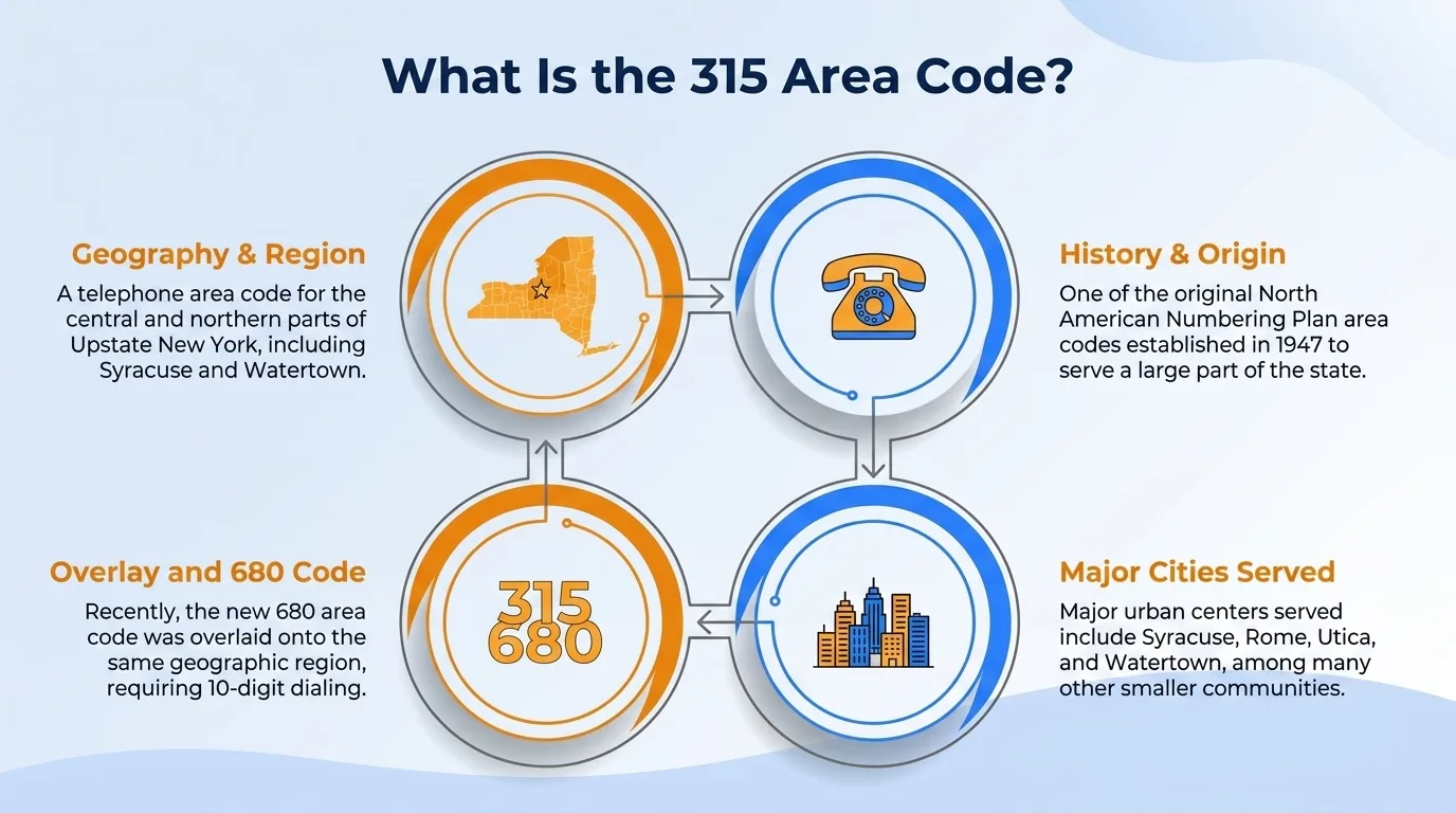 What is the 315 area code — geography and region, history and origin, major cities served, and the 680 overlay code