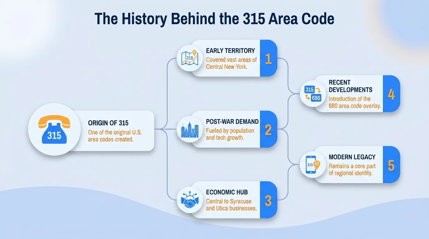 The history behind the 315 area code — early territory, post-war demand, economic hub, the 680 overlay, and modern regional legacy