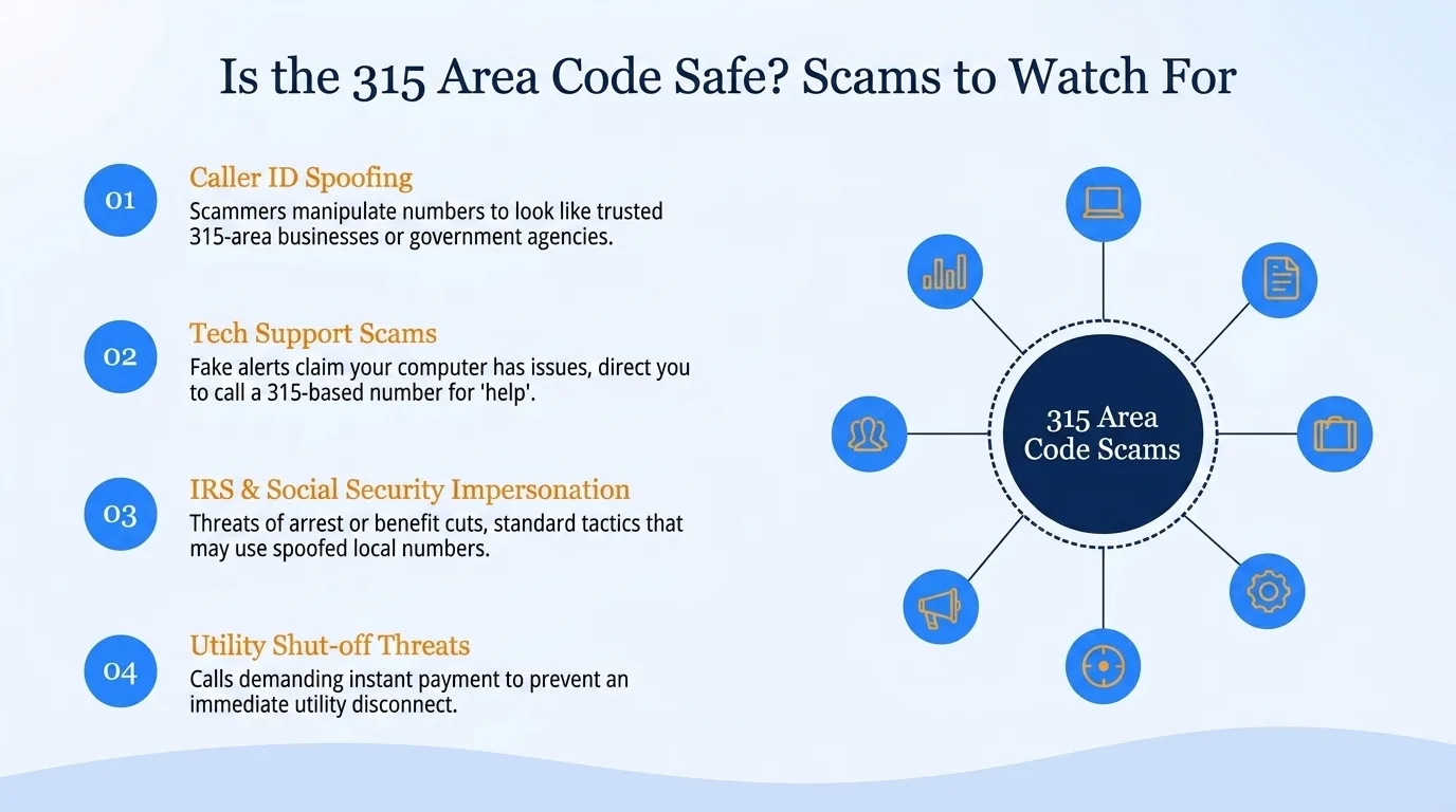 Is the 315 area code safe — caller ID spoofing, tech support scams, IRS and Social Security impersonation, and utility shut-off threats