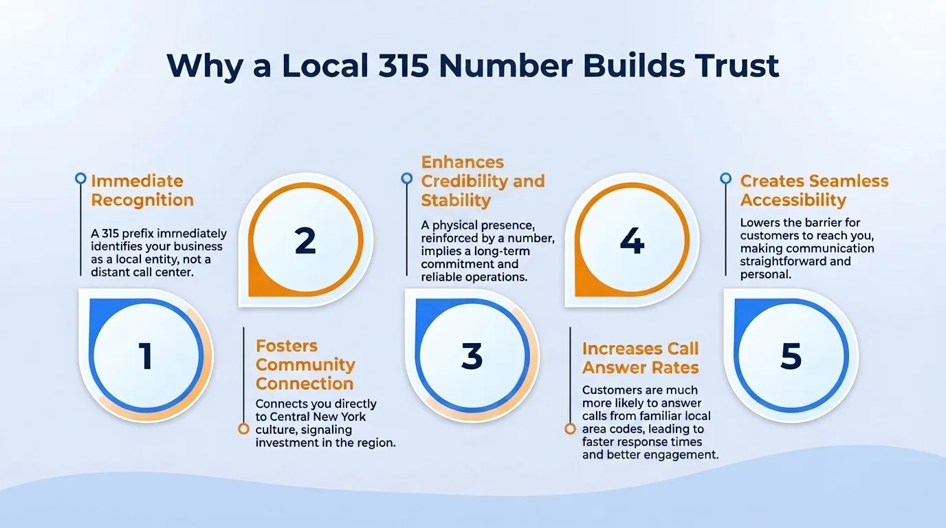 Why a local 315 number builds trust — immediate recognition, fosters community connection, enhances credibility and stability, increases call answer rates, and creates seamless accessibility