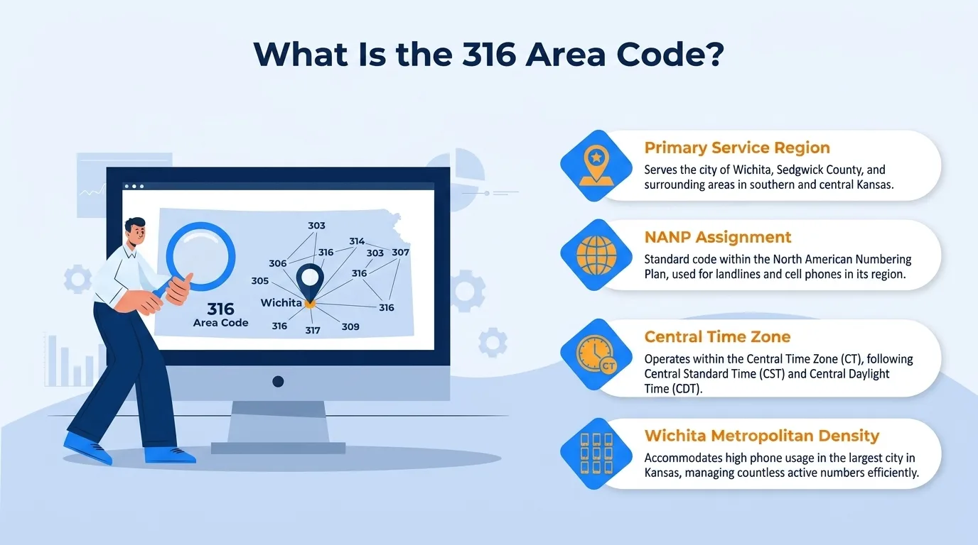 What is the 316 area code — primary service region, NANP assignment, Central time zone, and Wichita metropolitan density