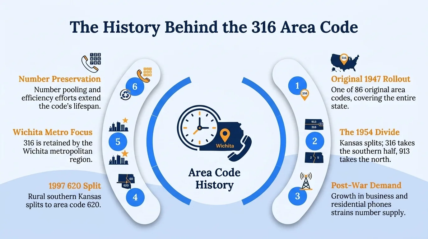 The history behind the 316 area code — original 1947 rollout, post-war demand, the 620 split, Wichita metro focus, and number preservation