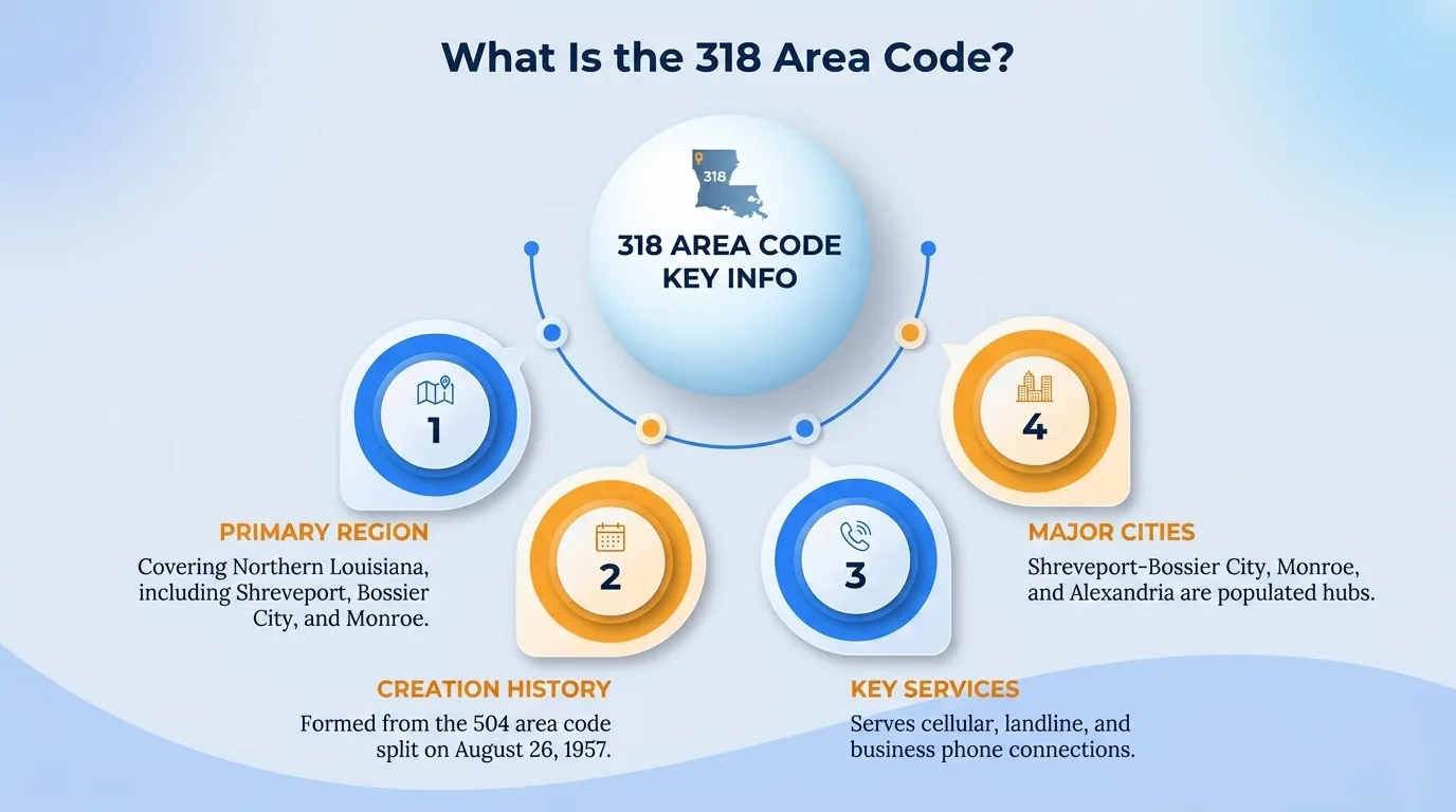 What is the 318 area code — primary region, creation history, key services, and major cities