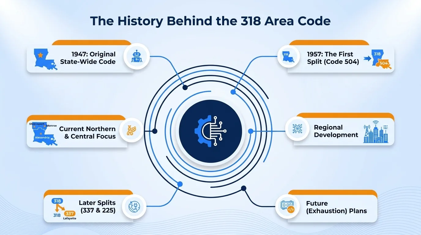 The history behind the 318 area code — the 1957 split from area code 504, current northern and central focus, later splits into 337, and regional development