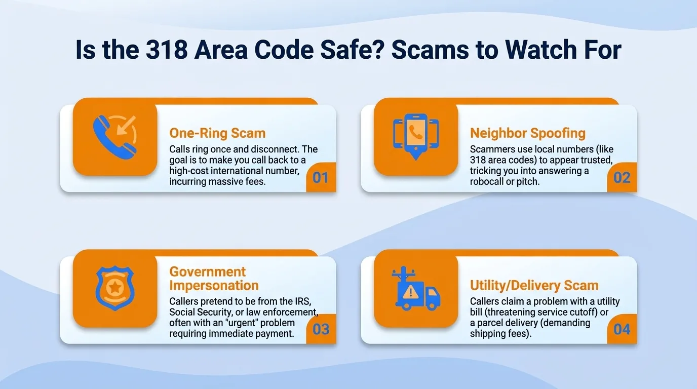 Is the 318 area code safe — the one-ring scam, neighbor spoofing, government impersonation, and utility or delivery scams to watch for