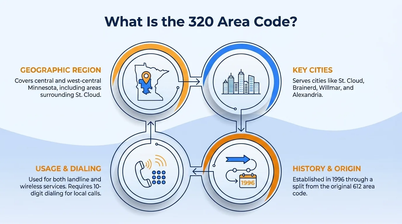 What is the 320 area code — geographic region, key cities, usage and dialing, and history and origin