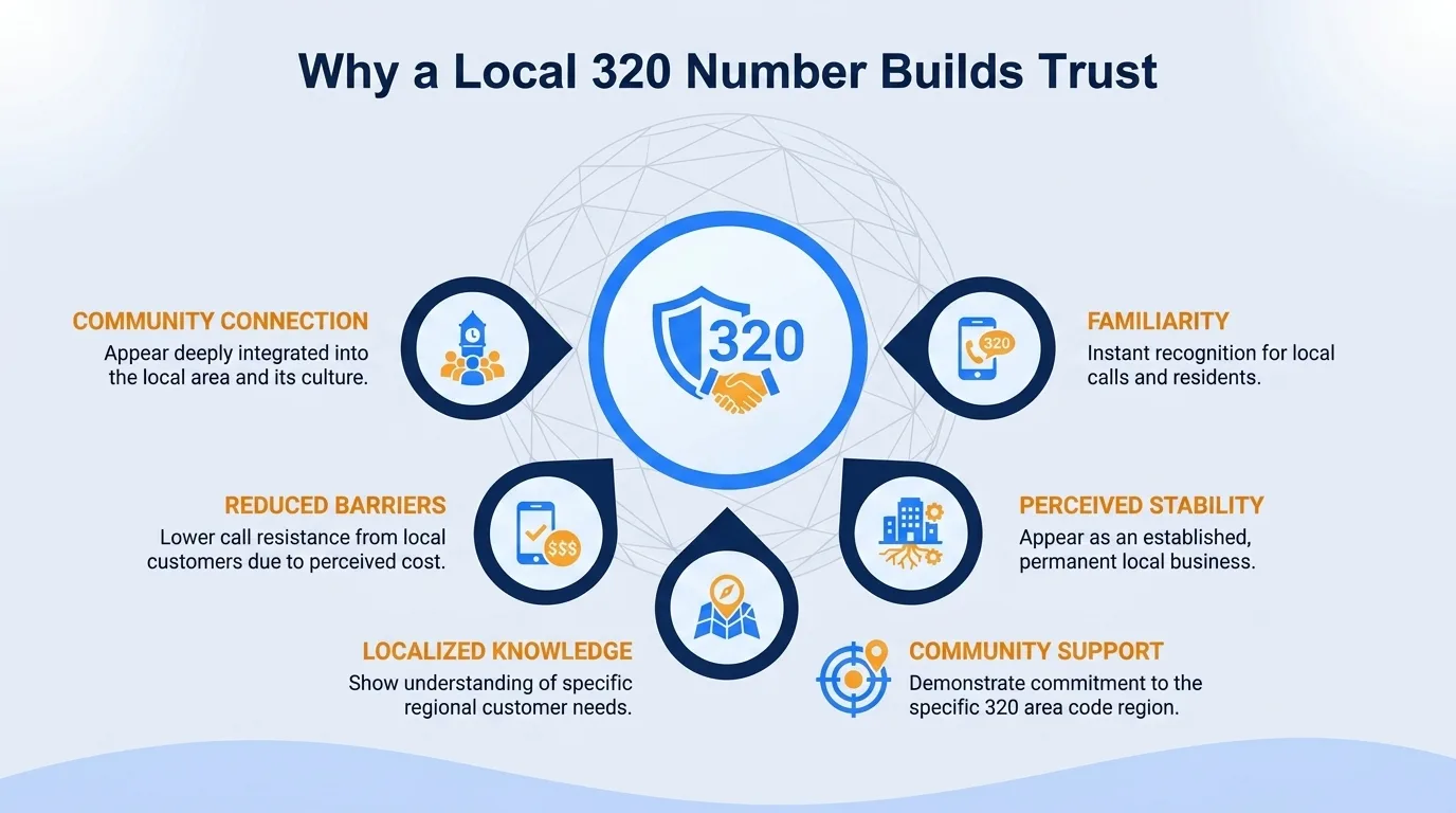 Why a local 320 number builds trust — community connection, familiarity, perceived stability, community support, localized knowledge, and reduced barriers