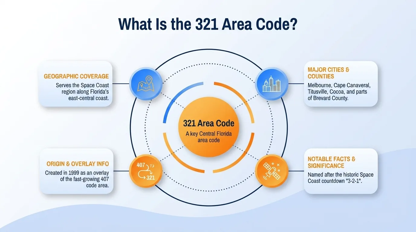 What is the 321 area code — geographic region, key cities, usage and dialing, and history and origin