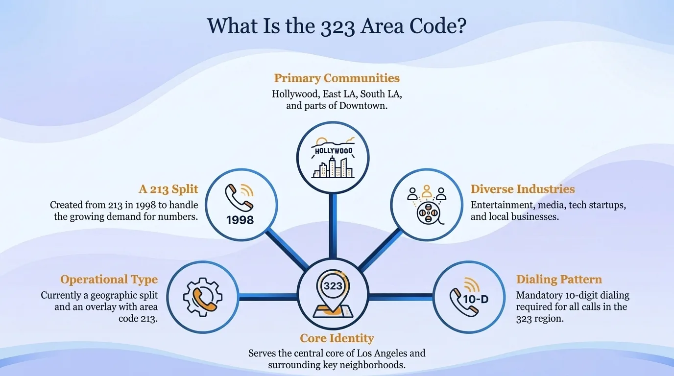 What is the 323 area code — geographic region, key cities, usage and dialing, and history and origin
