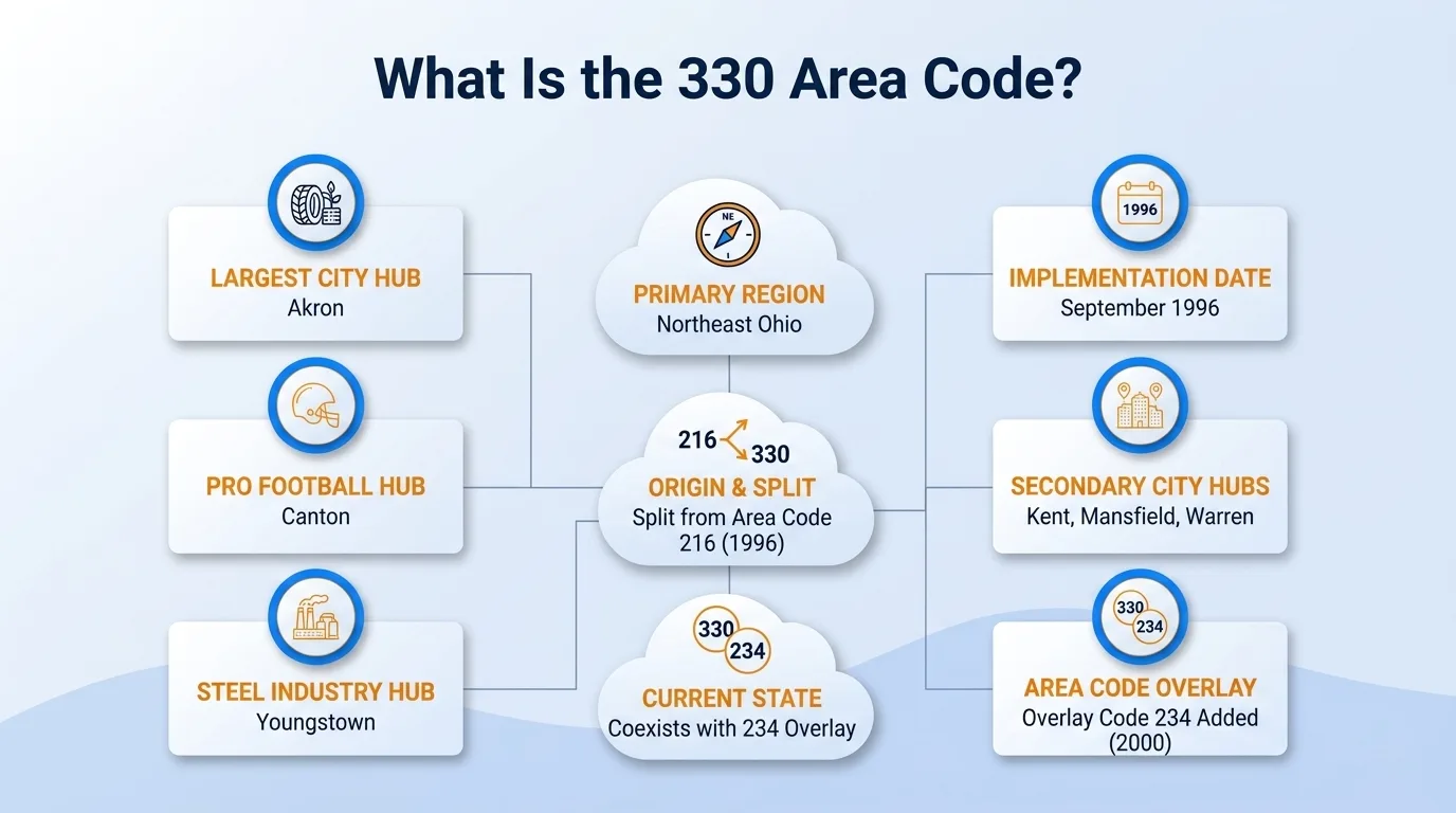 What is the 330 area code — geographic region, key cities, usage and dialing, and history and origin