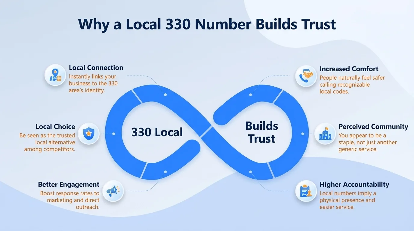 Why a local 330 number builds trust — community connection, familiarity, perceived stability, community support, localized knowledge, and reduced barriers