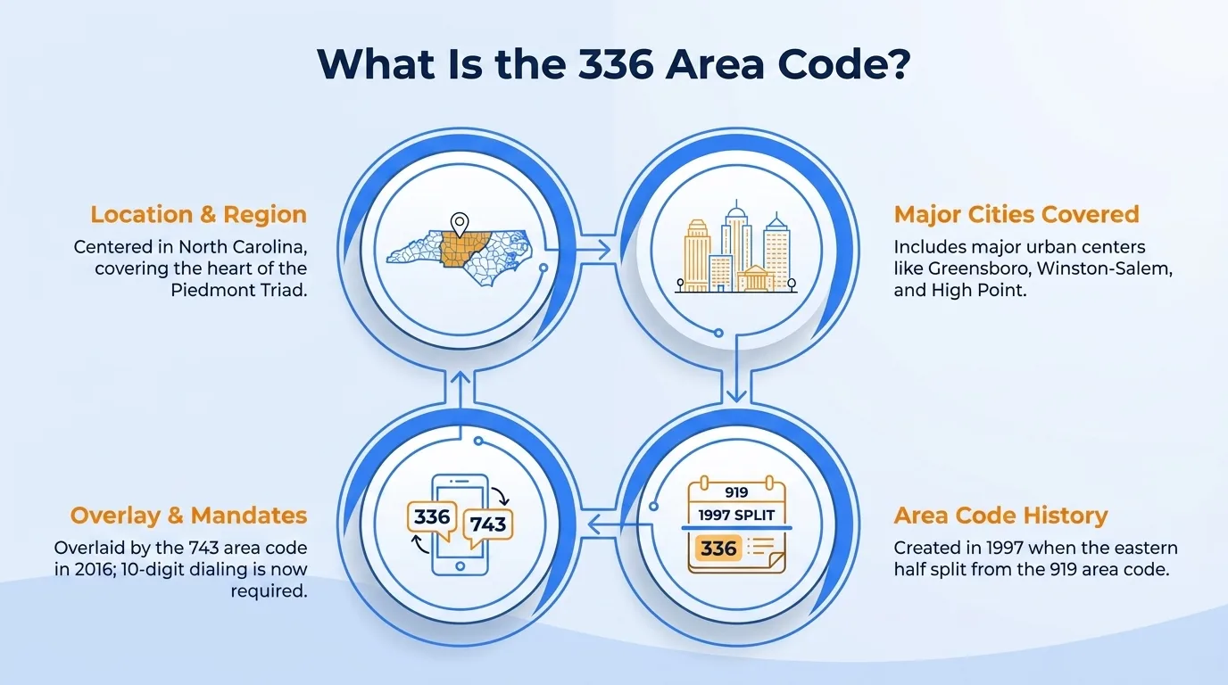 What is the 336 area code — geographic region, key cities, usage and dialing, and history and origin