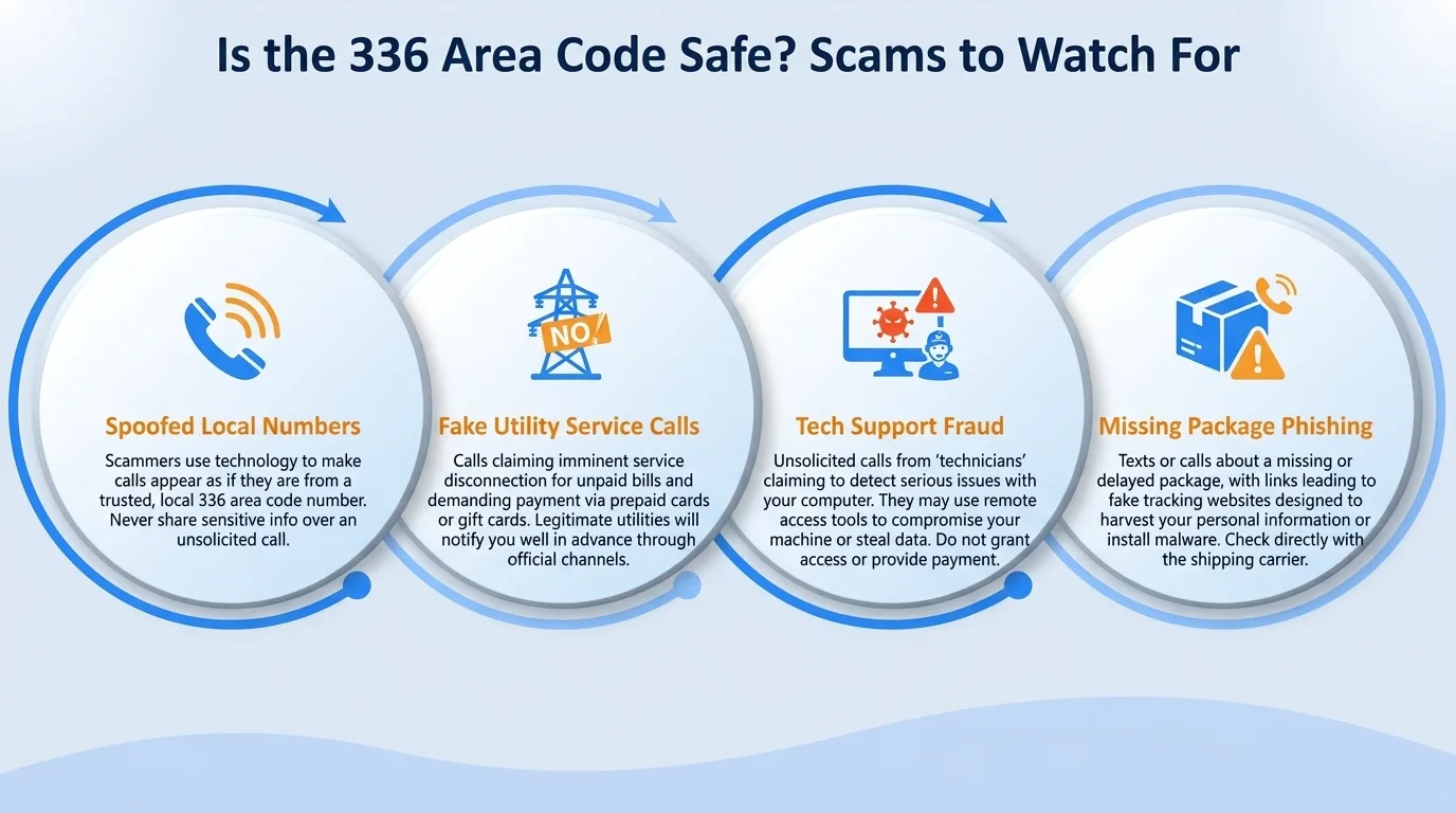 Is the 336 area code safe — government impersonation, utility disconnection threats, lottery or prize scams, and verification code requests to watch for