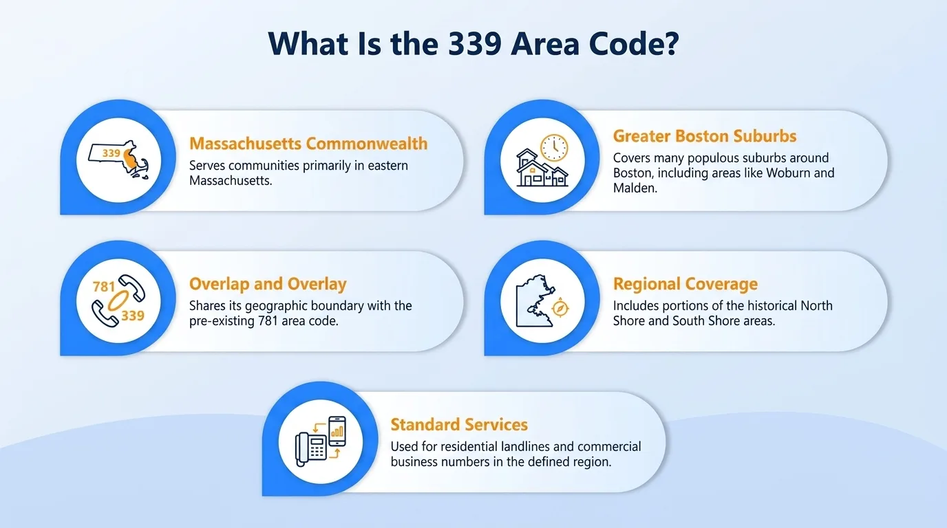 What is the 339 area code — geographic region, key cities, usage and dialing, and history and origin