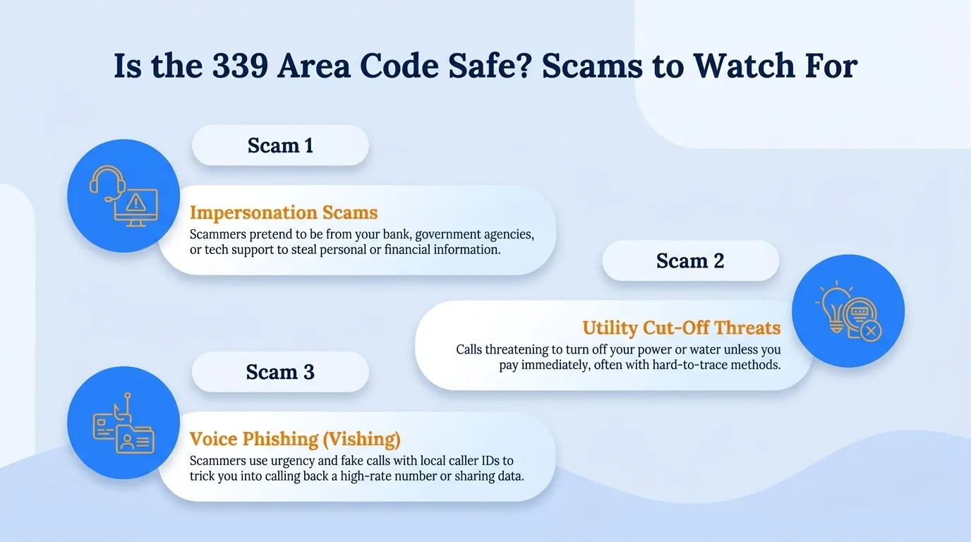 Is the 339 area code safe — government impersonation, utility disconnection threats, lottery or prize scams, and verification code requests to watch for