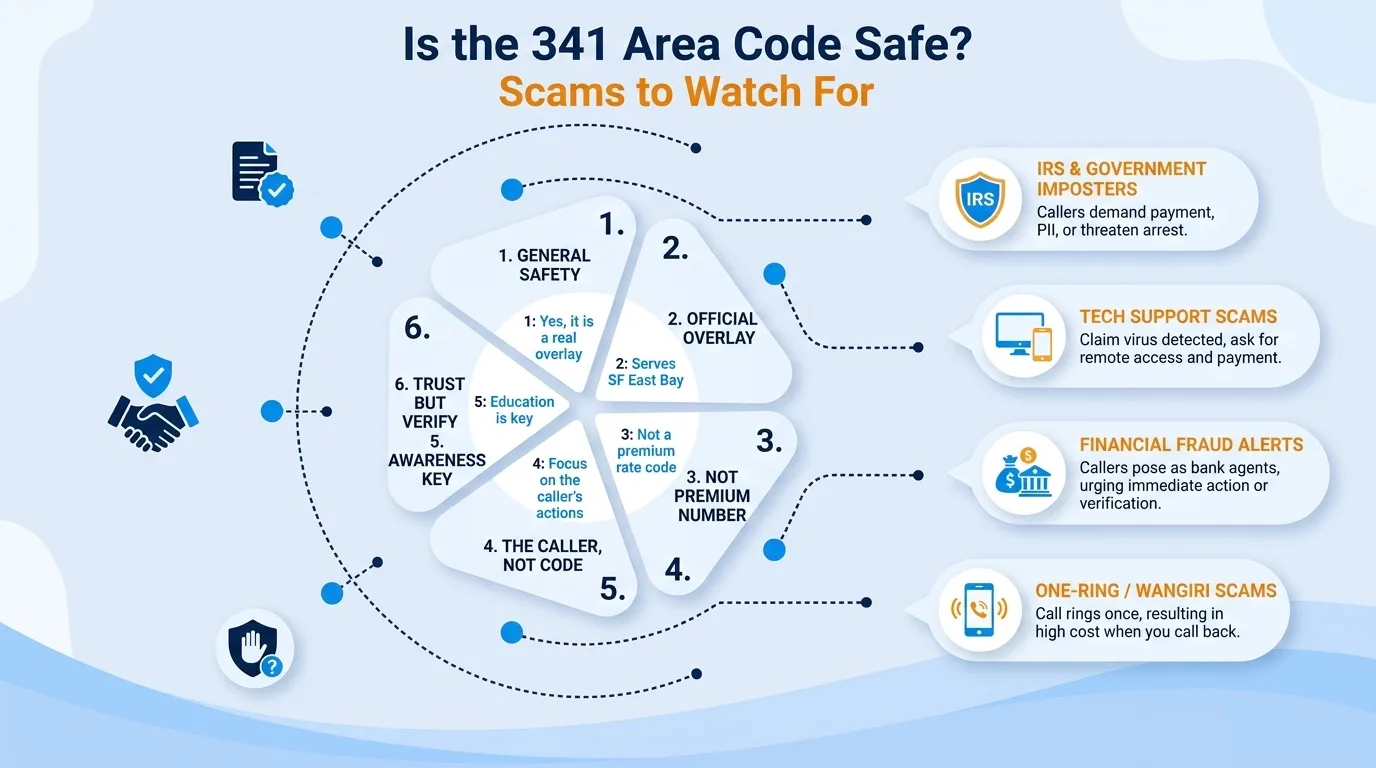 Is the 341 area code safe — government impersonation, utility disconnection threats, lottery or prize scams, and verification code requests to watch for