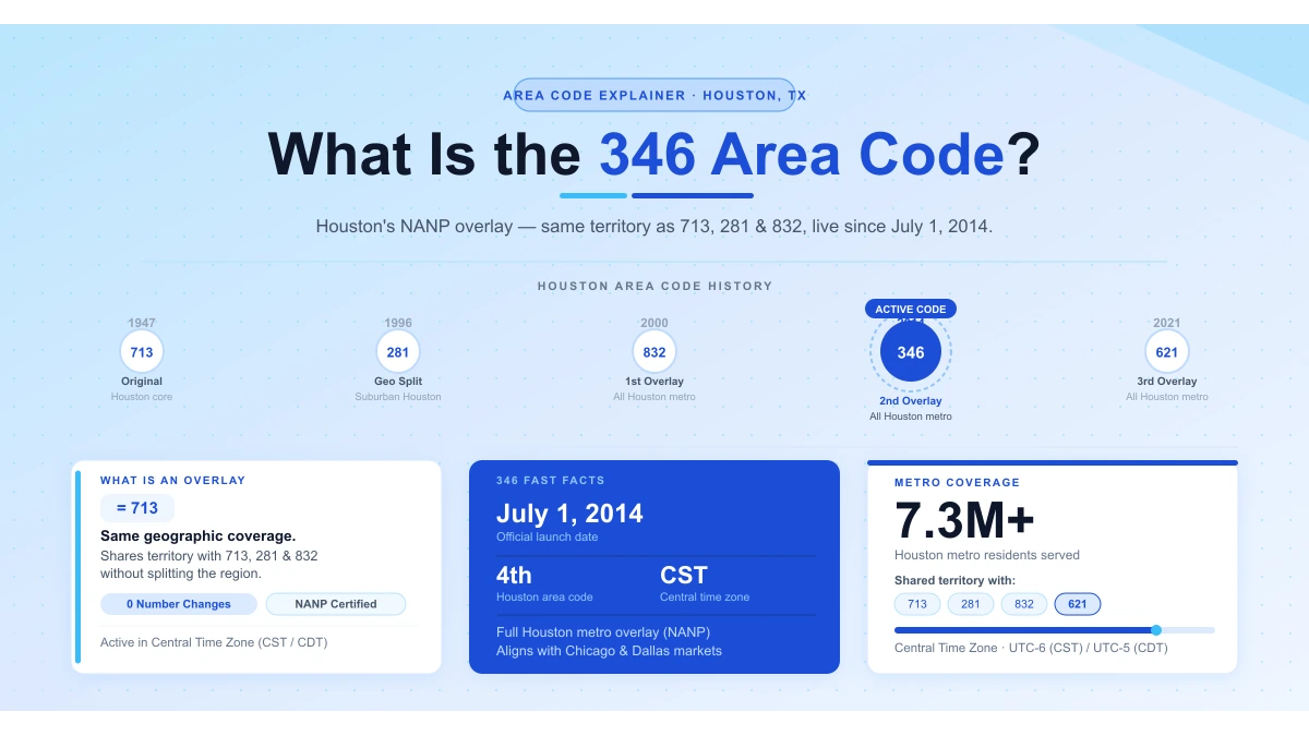 346 area code overlay codes 713 281 832 Houston Texas history