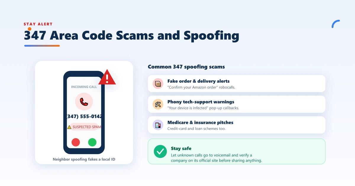 347 area code scams and spoofing — a spoofed 347 caller ID flagged as spam, with common scam types and safety tips