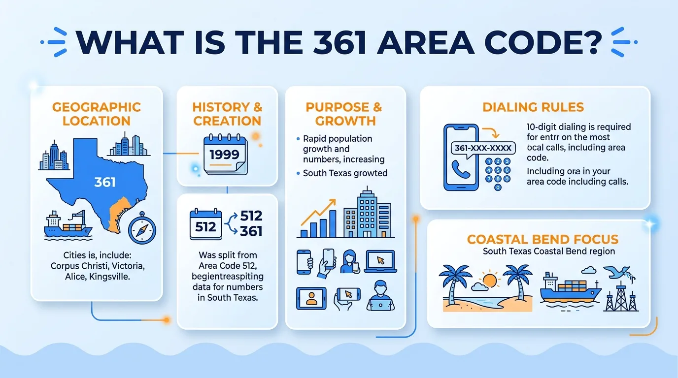 What is the 361 area code — geographic region, key cities, usage and dialing, and history and origin