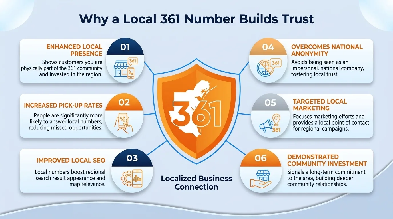 Why a local 361 number builds trust — community connection, familiarity, perceived stability, community support, localized knowledge, and reduced barriers