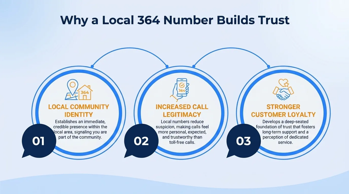 Why a local 364 number builds trust — community connection, familiarity, perceived stability, community support, localized knowledge, and reduced barriers